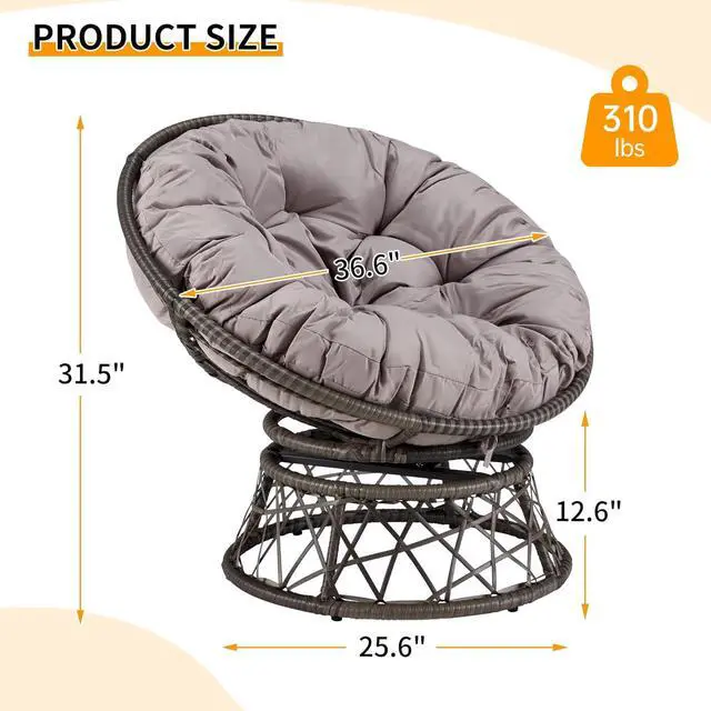 Alt view image 3 of 7 - Murago 40" Wicker Papasan Chair,Grey Frame with Light Grey Cushion | Round Circle Chair, Water Resistant Cover, Ideal for Living Room, Bedroom, Porch, Balcony, or Patio, Thick Cushion