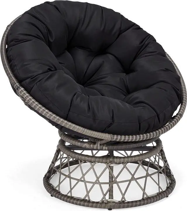 Main image of Murago 40" Wicker Papasan Chair,Grey Frame with Black Cushion | Round Circle Chair, Water Resistant Cover, Ideal for Living Room, Bedroom, Porch, Balcony, or Patio, Thick Cushion