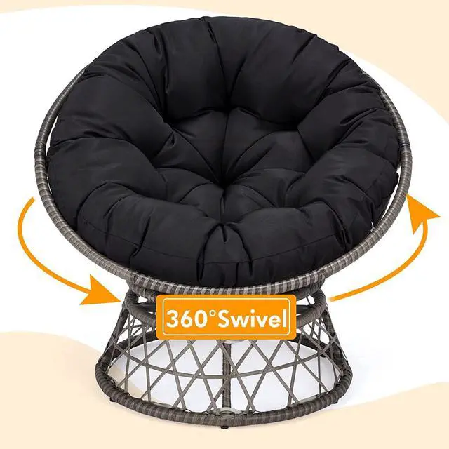 Alt view image 3 of 5 - Murago 40" Wicker Papasan Chair,Grey Frame with Black Cushion | Round Circle Chair, Water Resistant Cover, Ideal for Living Room, Bedroom, Porch, Balcony, or Patio, Thick Cushion