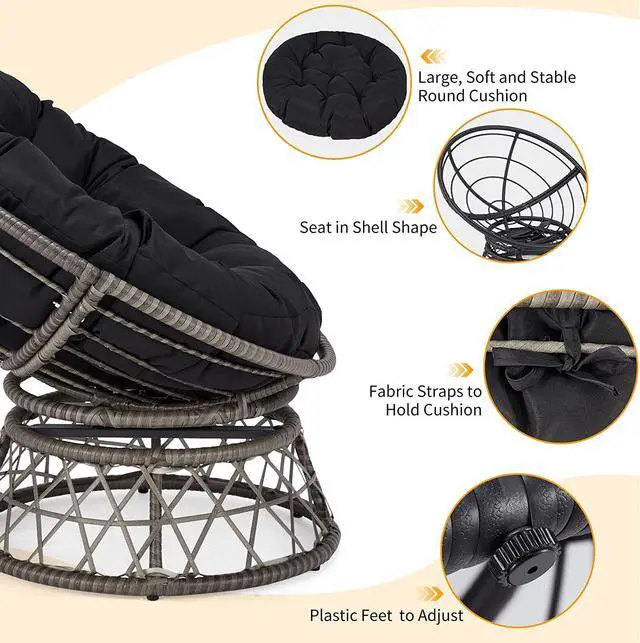 Alt view image 4 of 5 - Murago 40" Wicker Papasan Chair,Grey Frame with Black Cushion | Round Circle Chair, Water Resistant Cover, Ideal for Living Room, Bedroom, Porch, Balcony, or Patio, Thick Cushion