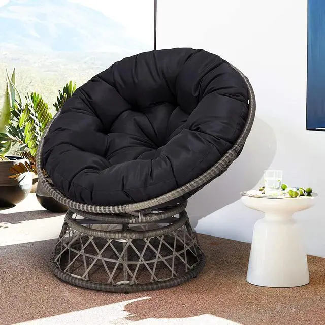 Alt view image 2 of 5 - Murago 40" Wicker Papasan Chair,Grey Frame with Black Cushion | Round Circle Chair, Water Resistant Cover, Ideal for Living Room, Bedroom, Porch, Balcony, or Patio, Thick Cushion