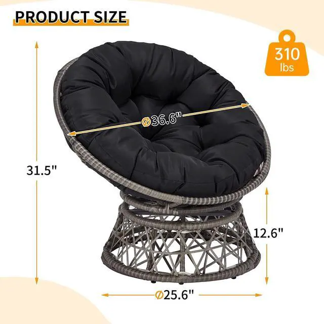 Alt view image 5 of 5 - Murago 40" Wicker Papasan Chair,Grey Frame with Black Cushion | Round Circle Chair, Water Resistant Cover, Ideal for Living Room, Bedroom, Porch, Balcony, or Patio, Thick Cushion