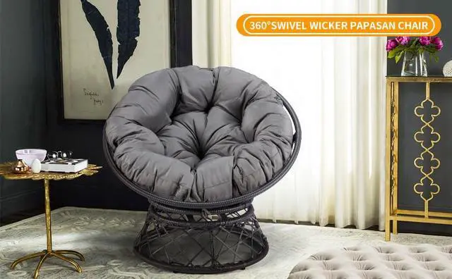 Alt view image 7 of 7 - Murago 40" Wicker Papasan Chair,Black Frame with Dark Grey Cushion | Round Circle Chair, Water Resistant Cover, Ideal for Living Room, Bedroom, Porch, Balcony, or Patio, Thick Cushion