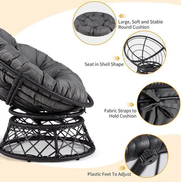 Alt view image 5 of 7 - Murago 40" Wicker Papasan Chair,Black Frame with Dark Grey Cushion | Round Circle Chair, Water Resistant Cover, Ideal for Living Room, Bedroom, Porch, Balcony, or Patio, Thick Cushion