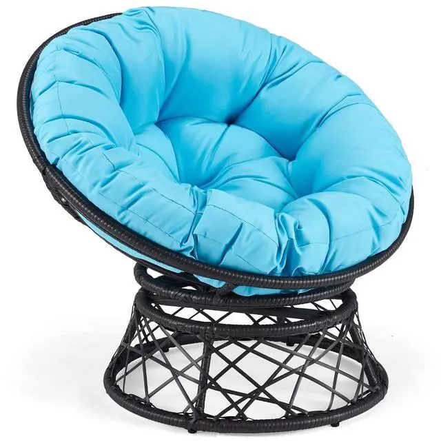 Main image of Murago 40" Wicker Papasan Chair, Black Frame with Blue Cushion | Round Circle Chair, Water Resistant Cover, Ideal for Living Room, Bedroom, Porch, Balcony, or Patio, Thick Cushion
