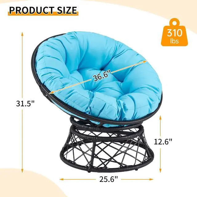 Alt view image 3 of 7 - Murago 40" Wicker Papasan Chair, Black Frame with Blue Cushion | Round Circle Chair, Water Resistant Cover, Ideal for Living Room, Bedroom, Porch, Balcony, or Patio, Thick Cushion