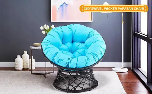 Alt view image 7 of 7 - Murago 40" Wicker Papasan Chair, Black Frame with Blue Cushion | Round Circle Chair, Water Resistant Cover, Ideal for Living Room, Bedroom, Porch, Balcony, or Patio, Thick Cushion