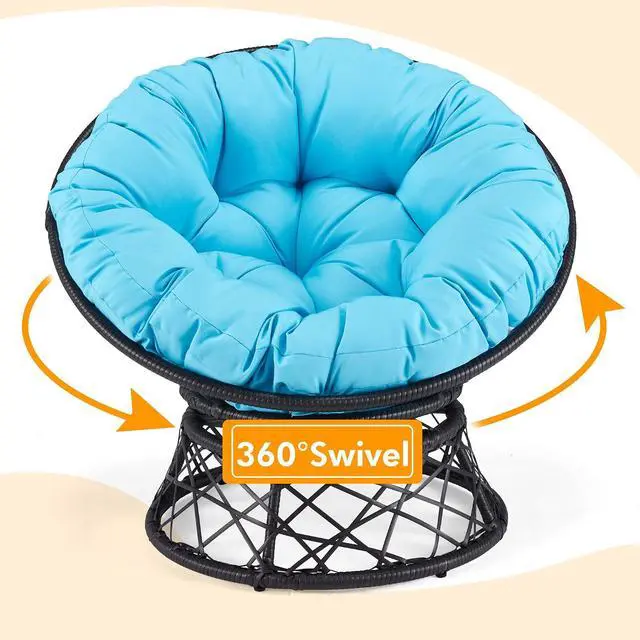 Alt view image 4 of 7 - Murago 40" Wicker Papasan Chair, Black Frame with Blue Cushion | Round Circle Chair, Water Resistant Cover, Ideal for Living Room, Bedroom, Porch, Balcony, or Patio, Thick Cushion