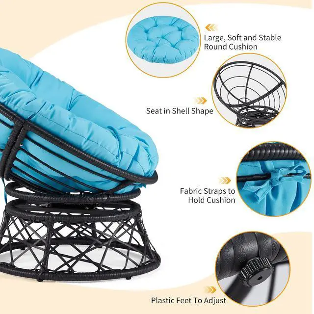 Alt view image 5 of 7 - Murago 40" Wicker Papasan Chair, Black Frame with Blue Cushion | Round Circle Chair, Water Resistant Cover, Ideal for Living Room, Bedroom, Porch, Balcony, or Patio, Thick Cushion