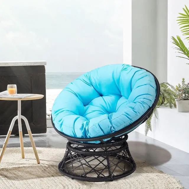 Alt view image 6 of 7 - Murago 40" Wicker Papasan Chair, Black Frame with Blue Cushion | Round Circle Chair, Water Resistant Cover, Ideal for Living Room, Bedroom, Porch, Balcony, or Patio, Thick Cushion