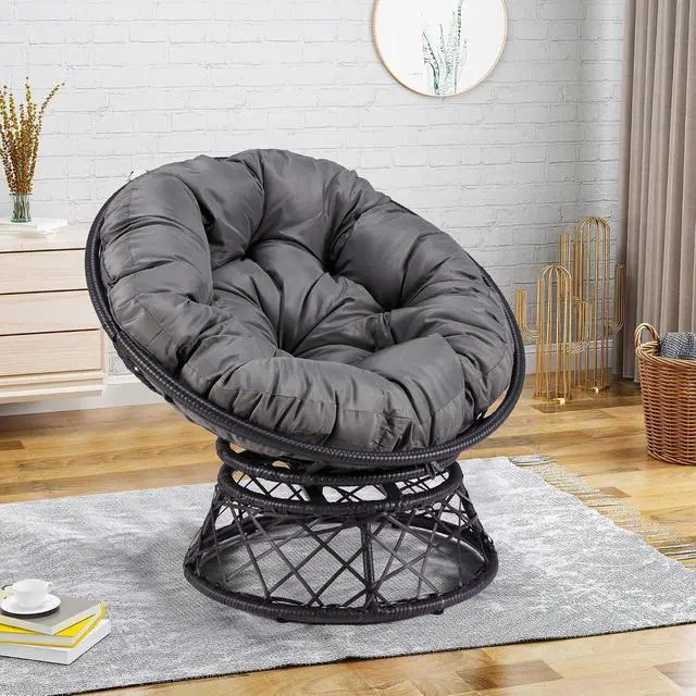 Alt view image 6 of 7 - Murago 40" Wicker Papasan Chair,Black Frame with Dark Grey Cushion | Round Circle Chair, Water Resistant Cover, Ideal for Living Room, Bedroom, Porch, Balcony, or Patio, Thick Cushion