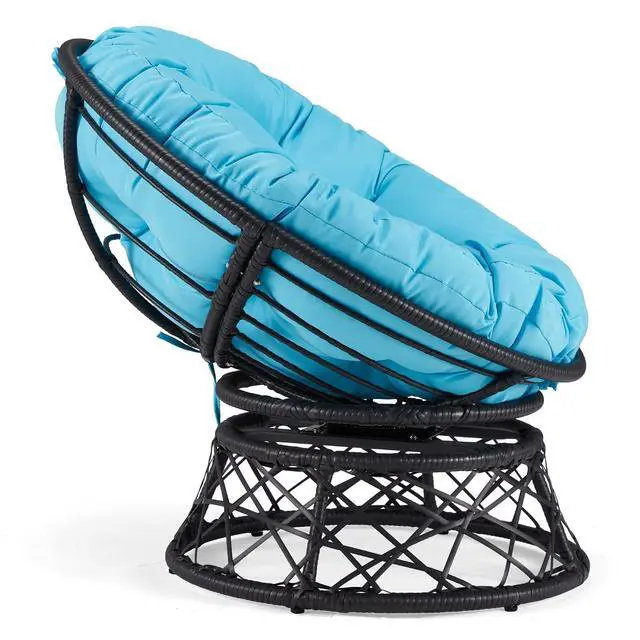 Alt view image 2 of 7 - Murago 40" Wicker Papasan Chair, Black Frame with Blue Cushion | Round Circle Chair, Water Resistant Cover, Ideal for Living Room, Bedroom, Porch, Balcony, or Patio, Thick Cushion