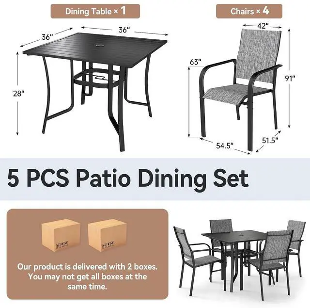 Alt view image 4 of 6 - Murago Outdoor Table and Chairs, Patio Table and Chairs Set of 5, Grey | Outdoor Dining Sets for 4, 36"×36" Table with 4 Textilene Chairs, 5 Piece Patio Set for Patio, Garden, Backyard, Poolside