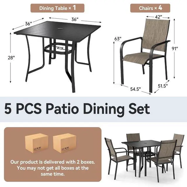 Alt view image 3 of 6 - Murago Outdoor Table and Chairs, Patio Table and Chairs Set of 5, Brown | Outdoor Dining Sets for 4, 36"×36" Table with 4 Textilene Chairs, 5 Piece Patio Set for Patio, Garden, Backyard, Poolside