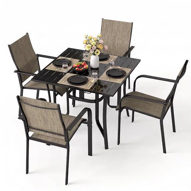 Alt view image 6 of 6 - Murago Outdoor Table and Chairs, Patio Table and Chairs Set of 5, Brown | Outdoor Dining Sets for 4, 36"×36" Table with 4 Textilene Chairs, 5 Piece Patio Set for Patio, Garden, Backyard, Poolside