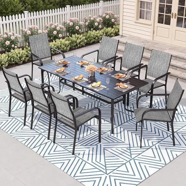 Main image of Murago Outdoor Table and Chairs, Patio Table and Chairs Set of 9, Grey | Outdoor Dining Sets for 8, 76"×36" Table with 8 Textilene Chairs, 9 Piece Patio Set for Patio, Garden, Backyard, Poolside