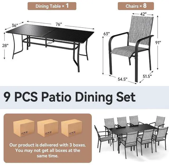 Alt view image 4 of 6 - Murago Outdoor Table and Chairs, Patio Table and Chairs Set of 9, Grey | Outdoor Dining Sets for 8, 76"×36" Table with 8 Textilene Chairs, 9 Piece Patio Set for Patio, Garden, Backyard, Poolside