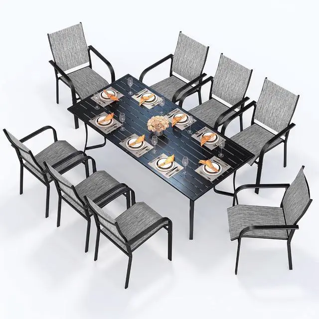 Alt view image 6 of 6 - Murago Outdoor Table and Chairs, Patio Table and Chairs Set of 9, Grey | Outdoor Dining Sets for 8, 76"×36" Table with 8 Textilene Chairs, 9 Piece Patio Set for Patio, Garden, Backyard, Poolside