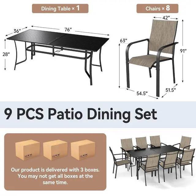 Alt view image 4 of 6 - Murago Outdoor Table and Chairs, Patio Table and Chairs Set of 9, Brown | Outdoor Dining Sets for 8, 76"×36" Table with 8 Textilene Chairs, 9 Piece Patio Set for Patio, Garden, Backyard, Poolside