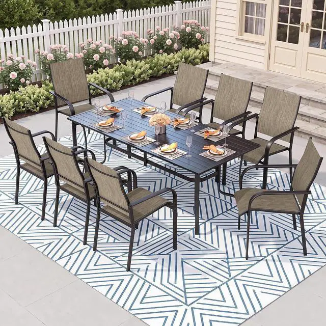 Main image of Murago Outdoor Table and Chairs, Patio Table and Chairs Set of 9, Brown | Outdoor Dining Sets for 8, 76"×36" Table with 8 Textilene Chairs, 9 Piece Patio Set for Patio, Garden, Backyard, Poolside