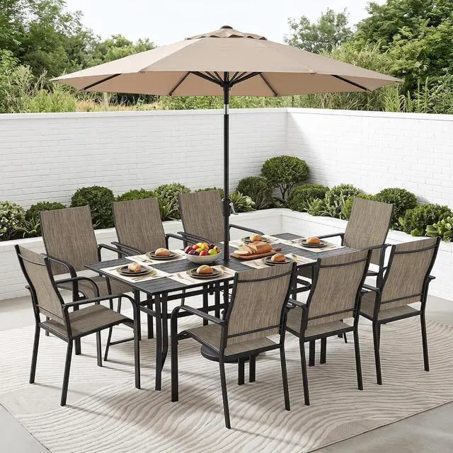 Alt view image 5 of 6 - Murago Outdoor Table and Chairs, Patio Table and Chairs Set of 9, Brown | Outdoor Dining Sets for 8, 76"×36" Table with 8 Textilene Chairs, 9 Piece Patio Set for Patio, Garden, Backyard, Poolside