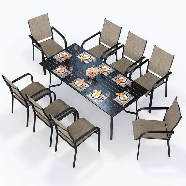 Alt view image 6 of 6 - Murago Outdoor Table and Chairs, Patio Table and Chairs Set of 9, Brown | Outdoor Dining Sets for 8, 76"×36" Table with 8 Textilene Chairs, 9 Piece Patio Set for Patio, Garden, Backyard, Poolside