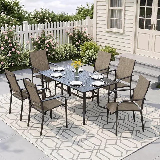 Main image of Murago Outdoor Table and Chairs, Patio Table and Chairs Set of 7, Brown | Outdoor Dining Sets for 6, 63"×36" Table with 6 Textilene Chairs, 7 Piece Patio Set for Patio, Garden, Backyard, Poolside