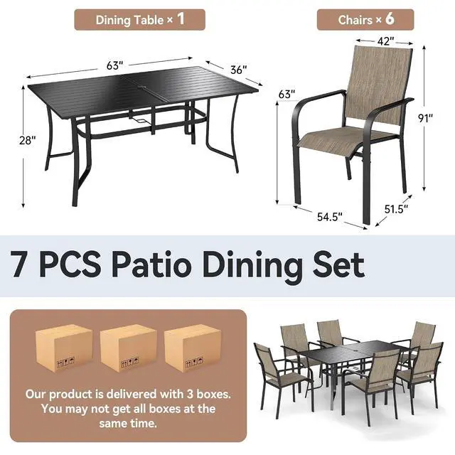 Alt view image 3 of 6 - Murago Outdoor Table and Chairs, Patio Table and Chairs Set of 7, Brown | Outdoor Dining Sets for 6, 63"×36" Table with 6 Textilene Chairs, 7 Piece Patio Set for Patio, Garden, Backyard, Poolside
