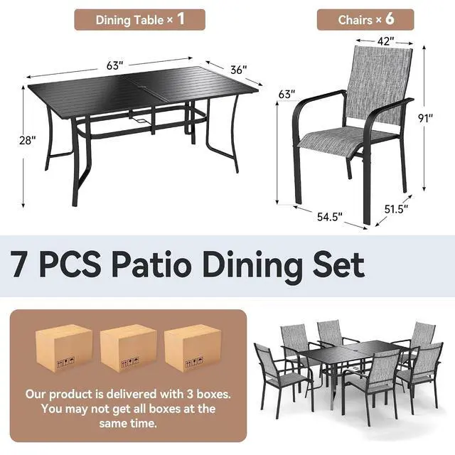 Alt view image 4 of 6 - Murago Outdoor Table and Chairs, Patio Table and Chairs Set of 7, Grey | Outdoor Dining Sets for 6, 63"×36" Table with 6 Textilene Chairs, 7 Piece Patio Set for Patio, Garden, Backyard, Poolside