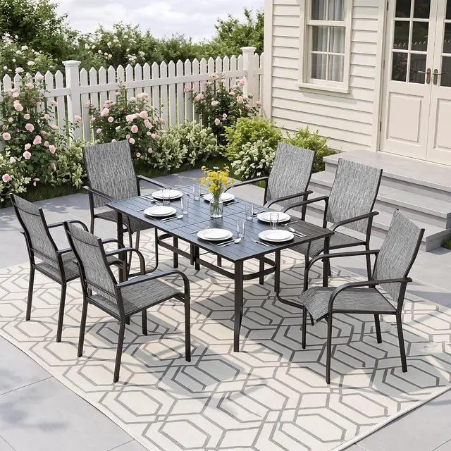Main image of Murago Outdoor Table and Chairs, Patio Table and Chairs Set of 7, Grey | Outdoor Dining Sets for 6, 63"×36" Table with 6 Textilene Chairs, 7 Piece Patio Set for Patio, Garden, Backyard, Poolside