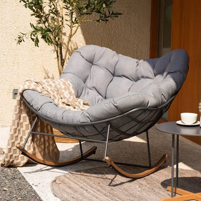 Main image of Grand patio Outdoor Papasan Rocking Chair with Thick Cushion, Grey | Oversized Modern Cozy Lounge Rocker Chair Steel Frame with Cushion for Balcony Porch Patio