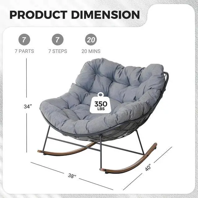 Alt view image 2 of 7 - Grand patio Outdoor Papasan Rocking Chair with Thick Cushion, Grey | Oversized Modern Cozy Lounge Rocker Chair Steel Frame with Cushion for Balcony Porch Patio