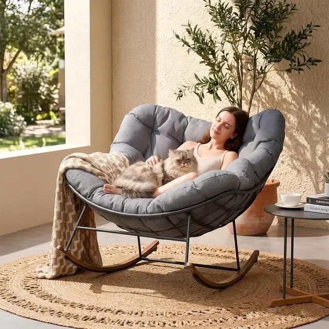 Alt view image 3 of 7 - Grand patio Outdoor Papasan Rocking Chair with Thick Cushion, Grey | Oversized Modern Cozy Lounge Rocker Chair Steel Frame with Cushion for Balcony Porch Patio