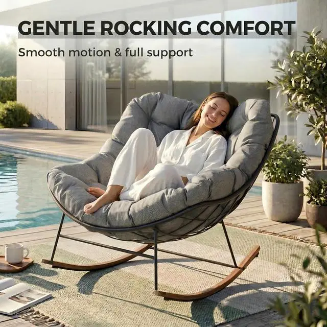 Alt view image 4 of 7 - Grand patio Outdoor Papasan Rocking Chair with Thick Cushion, Grey | Oversized Modern Cozy Lounge Rocker Chair Steel Frame with Cushion for Balcony Porch Patio