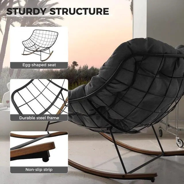 Alt view image 7 of 7 - Grand patio Outdoor Papasan Rocking Chair with Thick Cushion, Grey | Oversized Modern Cozy Lounge Rocker Chair Steel Frame with Cushion for Balcony Porch Patio