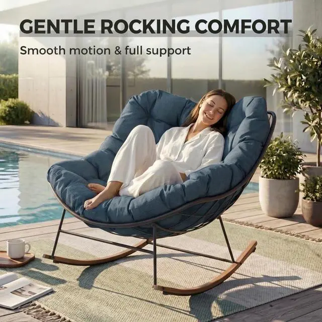 Alt view image 3 of 6 - Grand patio Outdoor Papasan Rocking Chair with Thick Cushion, Navy Blue | Oversized Modern Cozy Lounge Rocker Chair Steel Frame with Cushion for Balcony Porch Patio