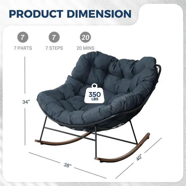Alt view image 2 of 6 - Grand patio Outdoor Papasan Rocking Chair with Thick Cushion, Navy Blue | Oversized Modern Cozy Lounge Rocker Chair Steel Frame with Cushion for Balcony Porch Patio