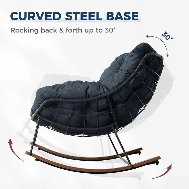 Alt view image 5 of 6 - Grand patio Outdoor Papasan Rocking Chair with Thick Cushion, Navy Blue | Oversized Modern Cozy Lounge Rocker Chair Steel Frame with Cushion for Balcony Porch Patio