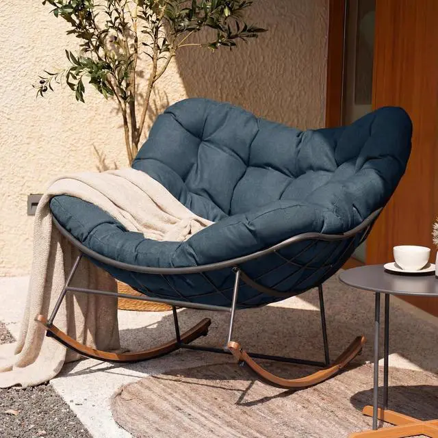 Main image of Grand patio Outdoor Papasan Rocking Chair with Thick Cushion, Navy Blue | Oversized Modern Cozy Lounge Rocker Chair Steel Frame with Cushion for Balcony Porch Patio