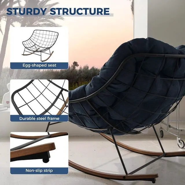 Alt view image 6 of 6 - Grand patio Outdoor Papasan Rocking Chair with Thick Cushion, Navy Blue | Oversized Modern Cozy Lounge Rocker Chair Steel Frame with Cushion for Balcony Porch Patio