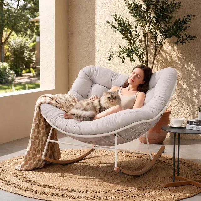 Alt view image 3 of 7 - Grand patio Outdoor Papasan Rocking Chair with Thick Cushion, Beige | Oversized Modern Cozy Lounge Rocker Chair Steel Frame with Cushion for Balcony Porch Patio