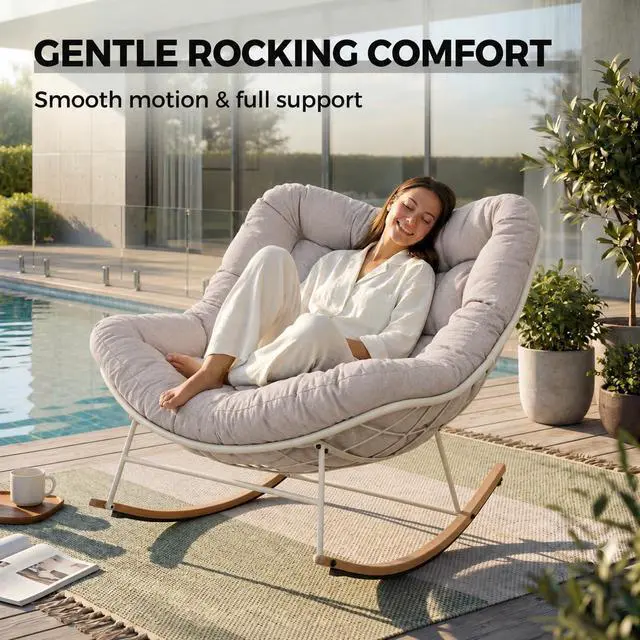 Alt view image 4 of 7 - Grand patio Outdoor Papasan Rocking Chair with Thick Cushion, Beige | Oversized Modern Cozy Lounge Rocker Chair Steel Frame with Cushion for Balcony Porch Patio