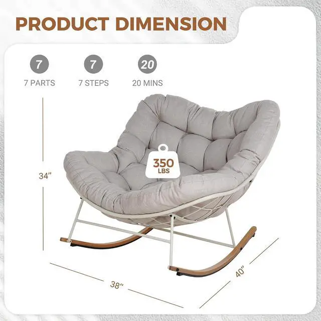 Alt view image 2 of 7 - Grand patio Outdoor Papasan Rocking Chair with Thick Cushion, Beige | Oversized Modern Cozy Lounge Rocker Chair Steel Frame with Cushion for Balcony Porch Patio