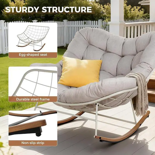 Alt view image 6 of 7 - Grand patio Outdoor Papasan Rocking Chair with Thick Cushion, Beige | Oversized Modern Cozy Lounge Rocker Chair Steel Frame with Cushion for Balcony Porch Patio