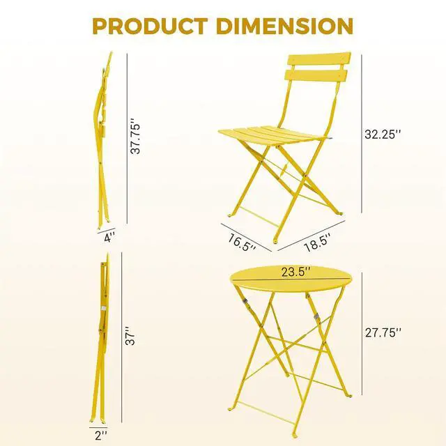 Alt view image 2 of 7 - Grand patio 3-Piece Folding Patio Bistro Set Outdoor Porch Balcony, Yellow | Foldable 2 Chairs and 1 Table, Weather-Resistant Outdoor Indoor Conversation Set for Patio, Yard, Garden