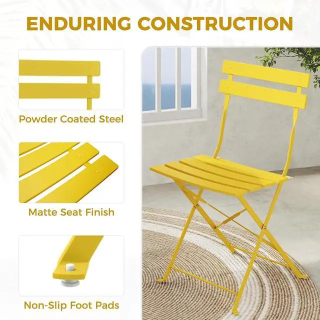 Alt view image 4 of 7 - Grand patio 3-Piece Folding Patio Bistro Set Outdoor Porch Balcony, Yellow | Foldable 2 Chairs and 1 Table, Weather-Resistant Outdoor Indoor Conversation Set for Patio, Yard, Garden