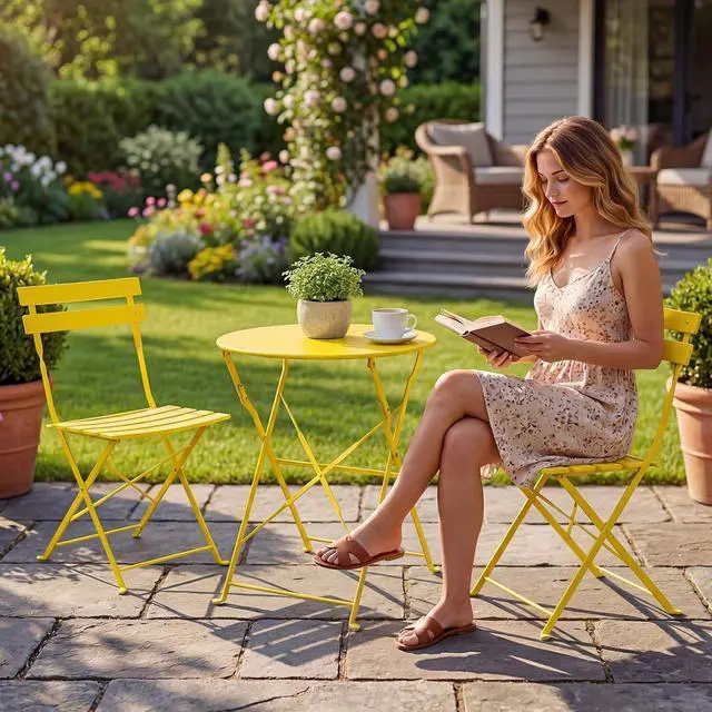 Alt view image 3 of 7 - Grand patio 3-Piece Folding Patio Bistro Set Outdoor Porch Balcony, Yellow | Foldable 2 Chairs and 1 Table, Weather-Resistant Outdoor Indoor Conversation Set for Patio, Yard, Garden