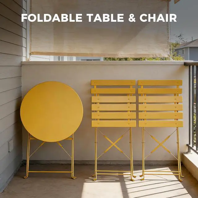Alt view image 6 of 7 - Grand patio 3-Piece Folding Patio Bistro Set Outdoor Porch Balcony, Yellow | Foldable 2 Chairs and 1 Table, Weather-Resistant Outdoor Indoor Conversation Set for Patio, Yard, Garden