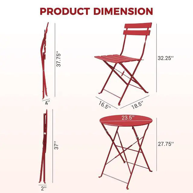 Alt view image 2 of 7 - Grand patio 3-Piece Folding Patio Bistro Set Outdoor for Porch Balcony, Red | Foldable 2 Chairs and 1 Table, Weather-Resistant Outdoor Indoor Conversation Set for Patio, Yard, Garden