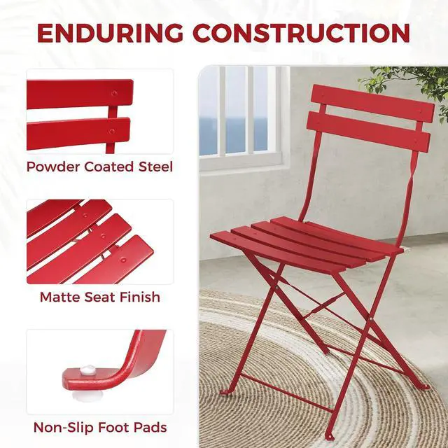 Alt view image 4 of 7 - Grand patio 3-Piece Folding Patio Bistro Set Outdoor for Porch Balcony, Red | Foldable 2 Chairs and 1 Table, Weather-Resistant Outdoor Indoor Conversation Set for Patio, Yard, Garden